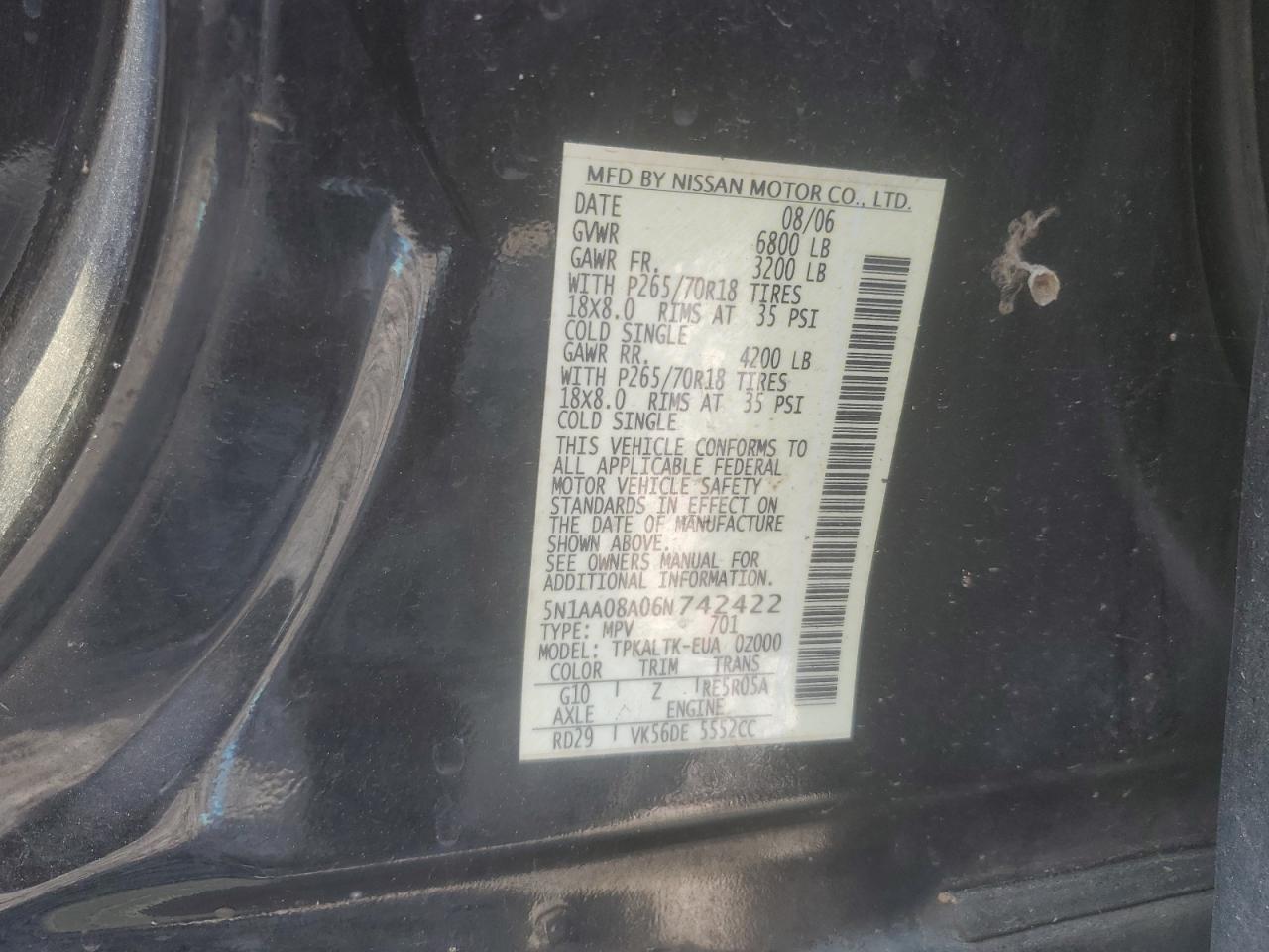 2006 Nissan Armada Se VIN: 5N1AA08A06N742422 Lot: 59186235