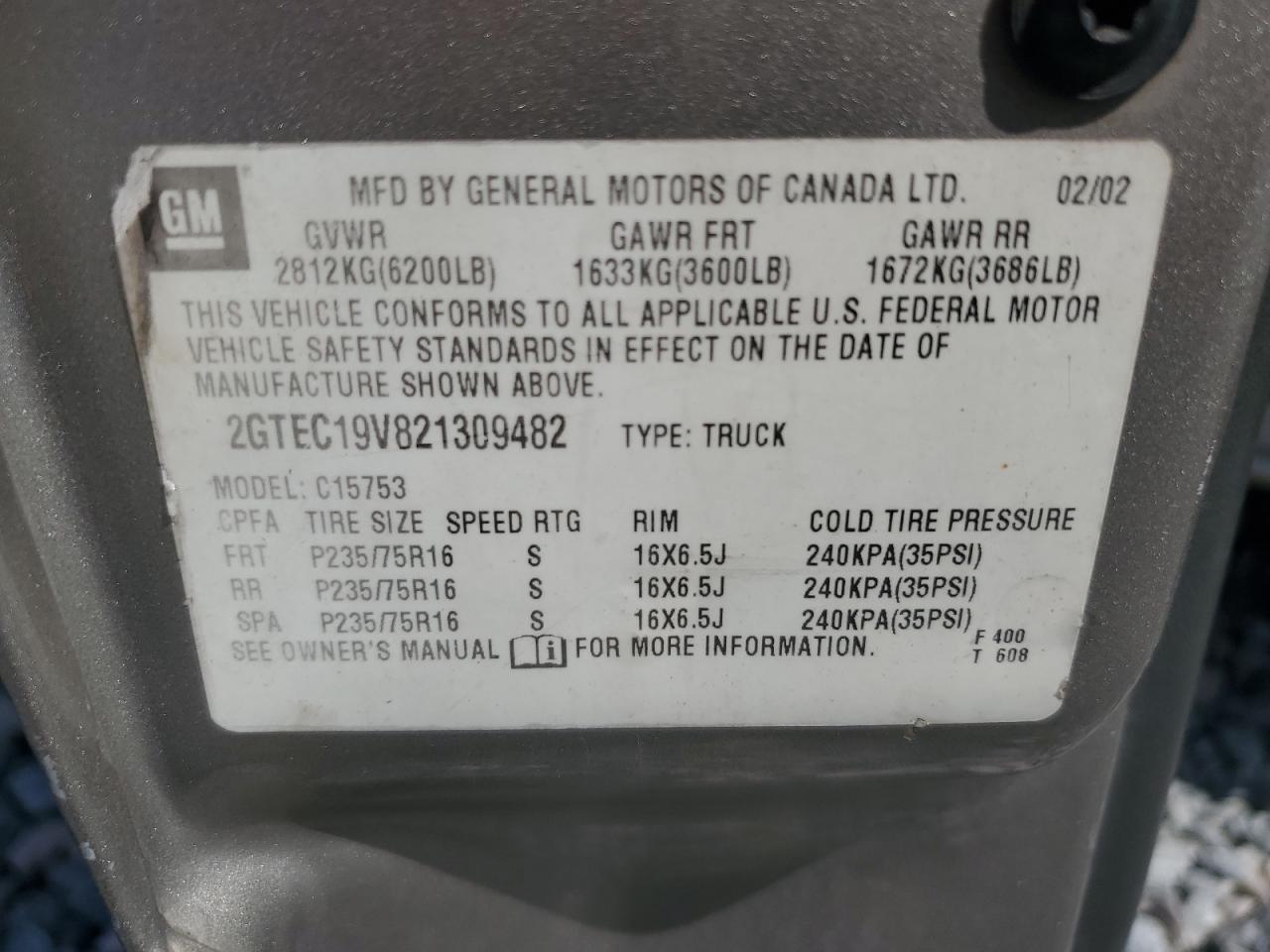 2002 GMC New Sierra C1500 VIN: 2GTEC19V821309482 Lot: 62057925