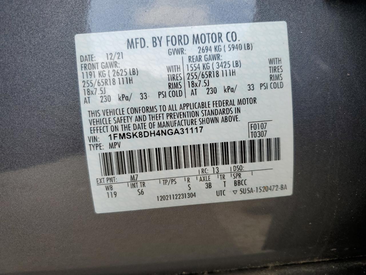 2022 Ford Explorer Xlt VIN: 1FMSK8DH4NGA31117 Lot: 62887015