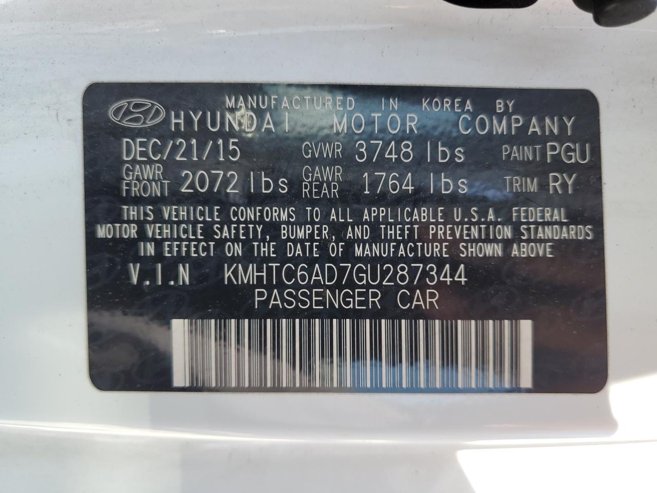 2016 Hyundai Veloster VIN: KMHTC6AD7GU287344 Lot: 61556995