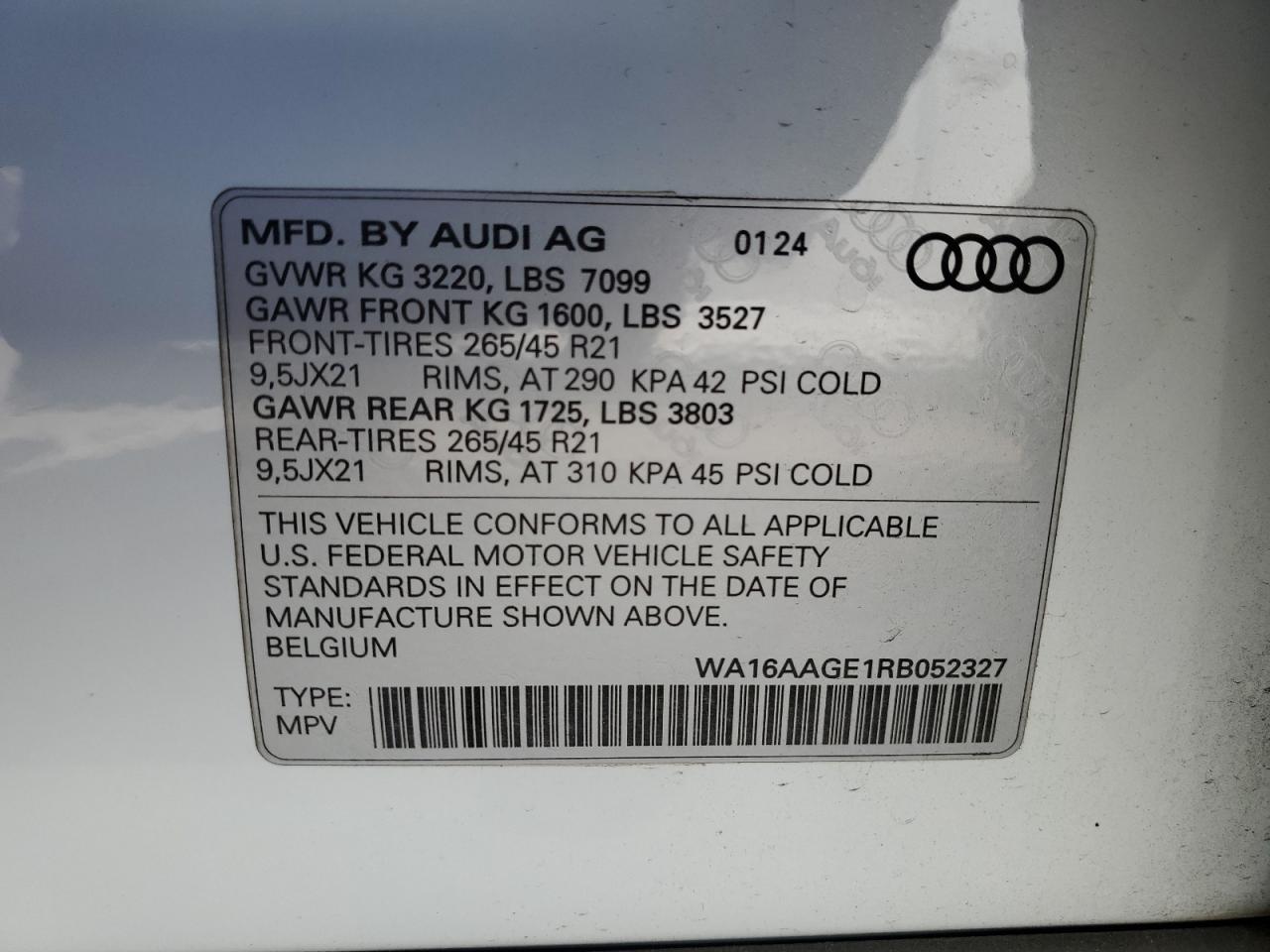 2024 Audi Q8 E-Tron Prestige VIN: WA16AAGE1RB052327 Lot: 61495325