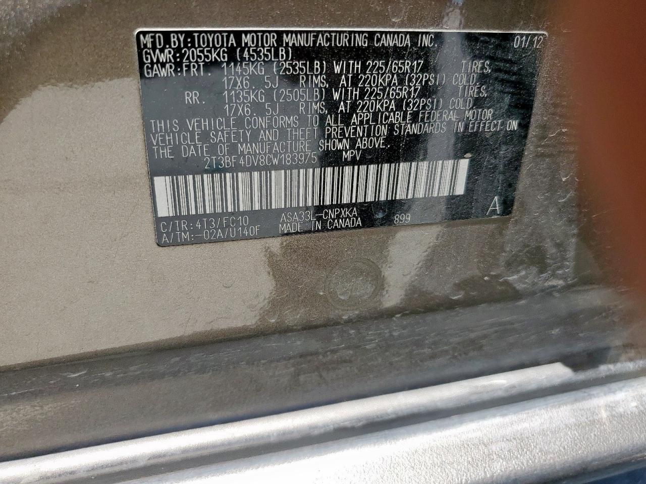 2012 Toyota Rav4 VIN: 2T3BF4DV8CW183975 Lot: 62465125