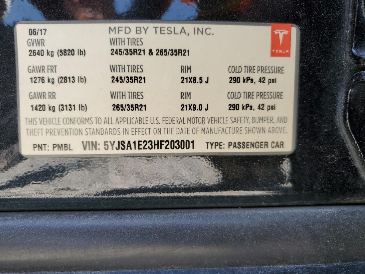 2017 Tesla Model S VIN: 5YJSA1E23HF203001 Lot: 62503205