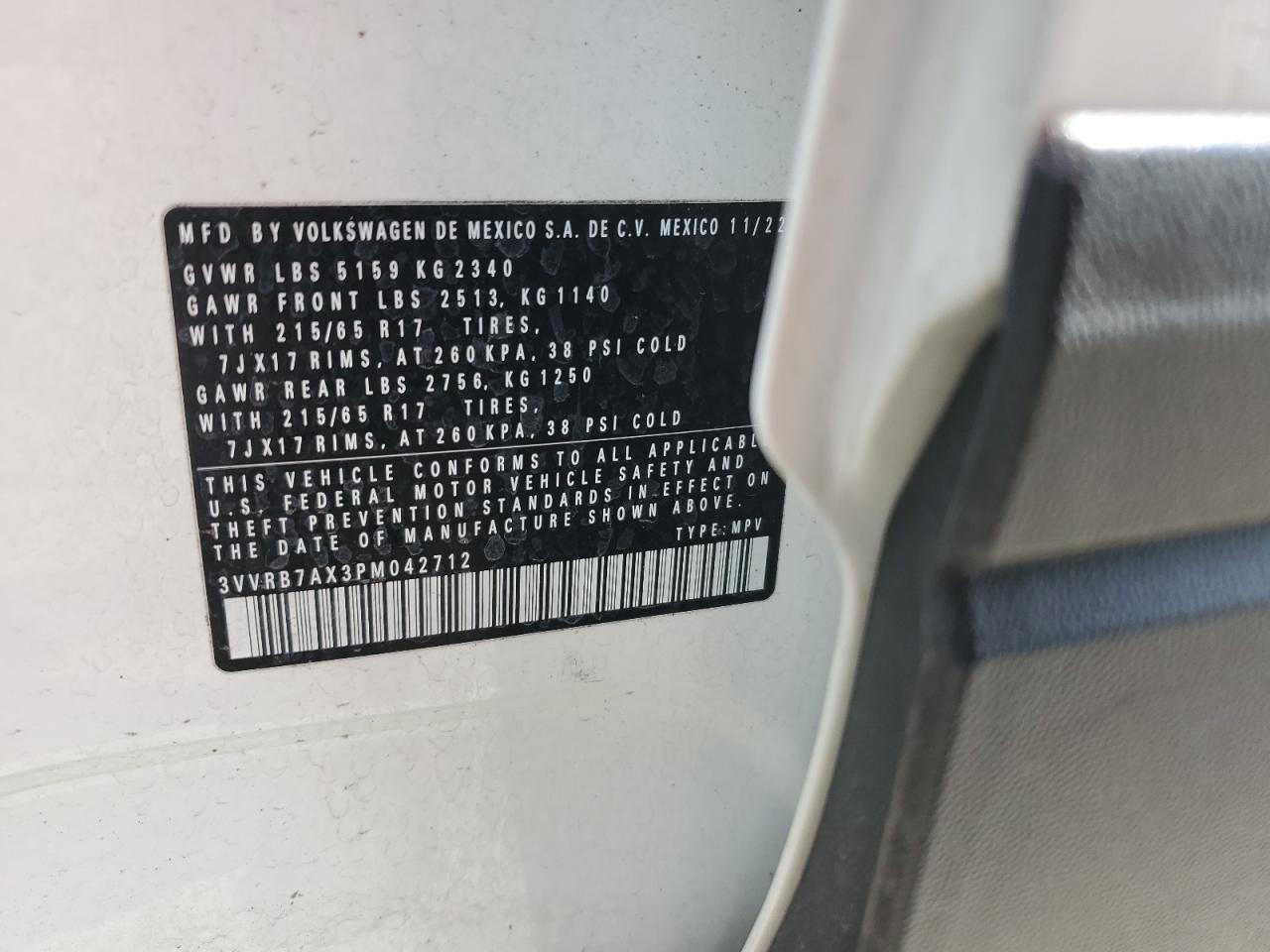 2023 Volkswagen Tiguan S VIN: 3VVRB7AX3PM042712 Lot: 61110155