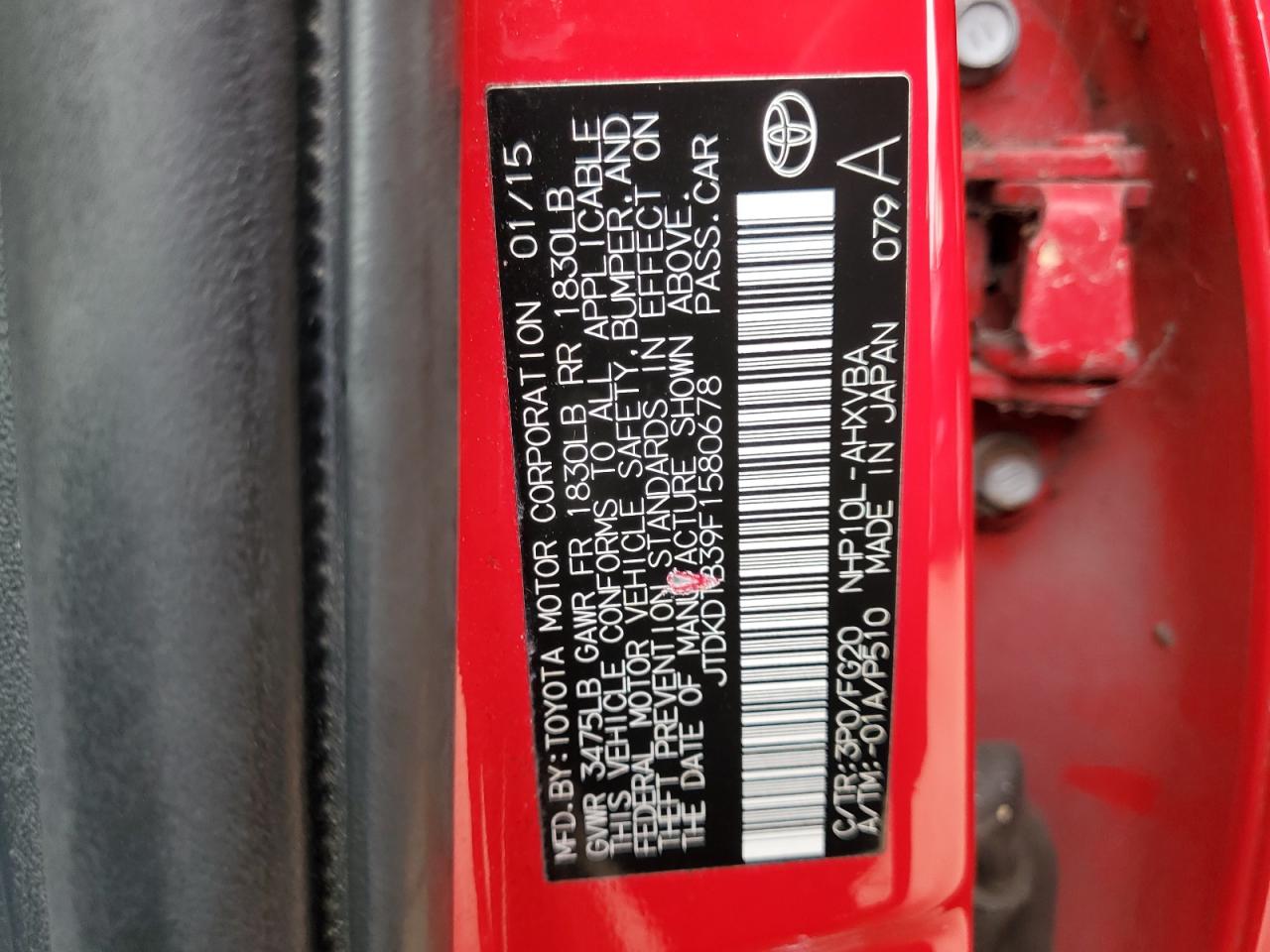 2015 Toyota Prius C VIN: JTDKDTB39F1580678 Lot: 59714675