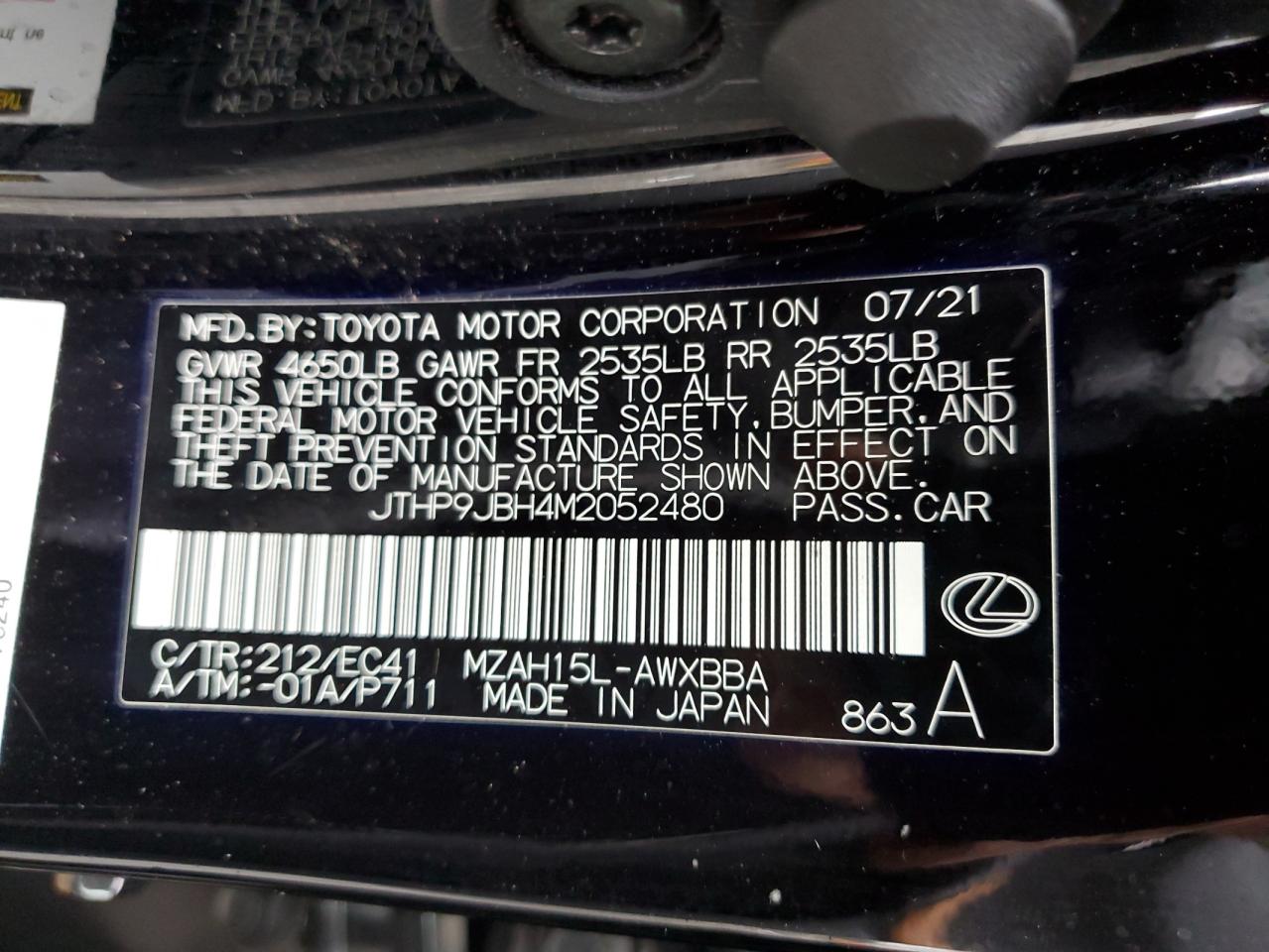 2021 Lexus Ux 250H VIN: JTHP9JBH4M2052480 Lot: 59948845