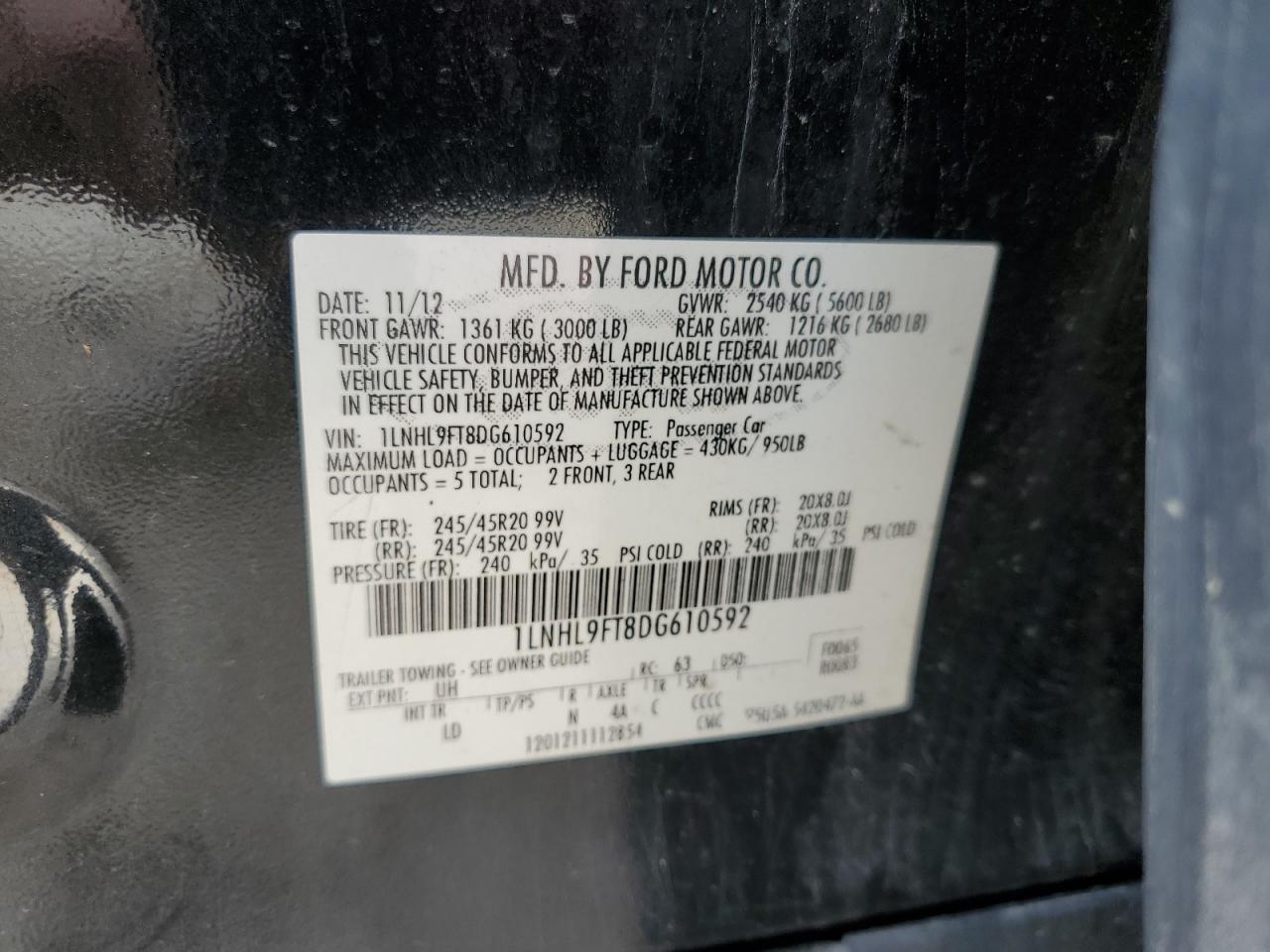 2013 Lincoln Mks VIN: 1LNHL9FT8DG610592 Lot: 60550145
