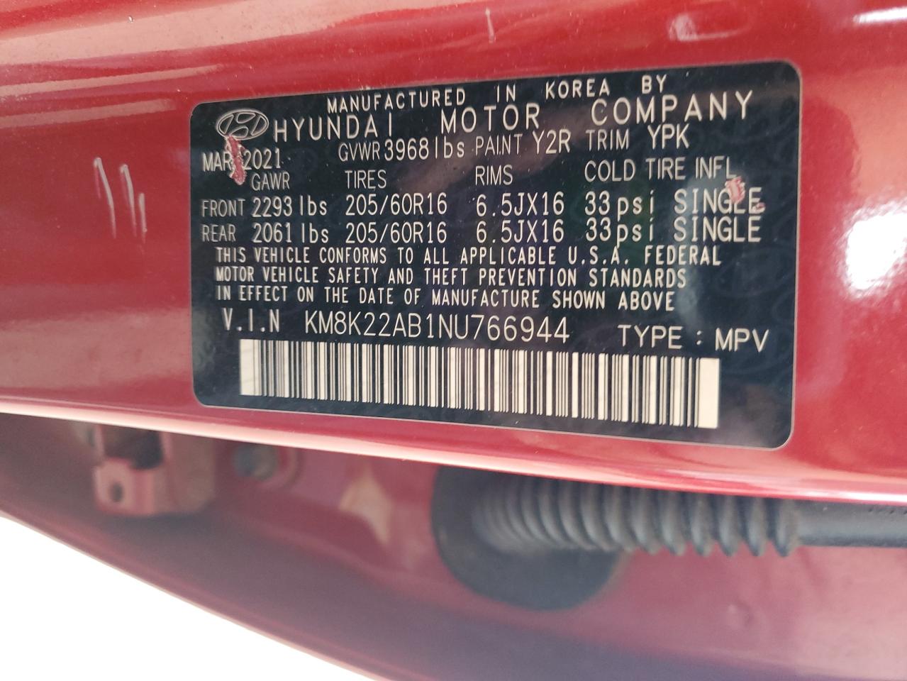2022 Hyundai Kona Sel VIN: KM8K22AB1NU766944 Lot: 62629345