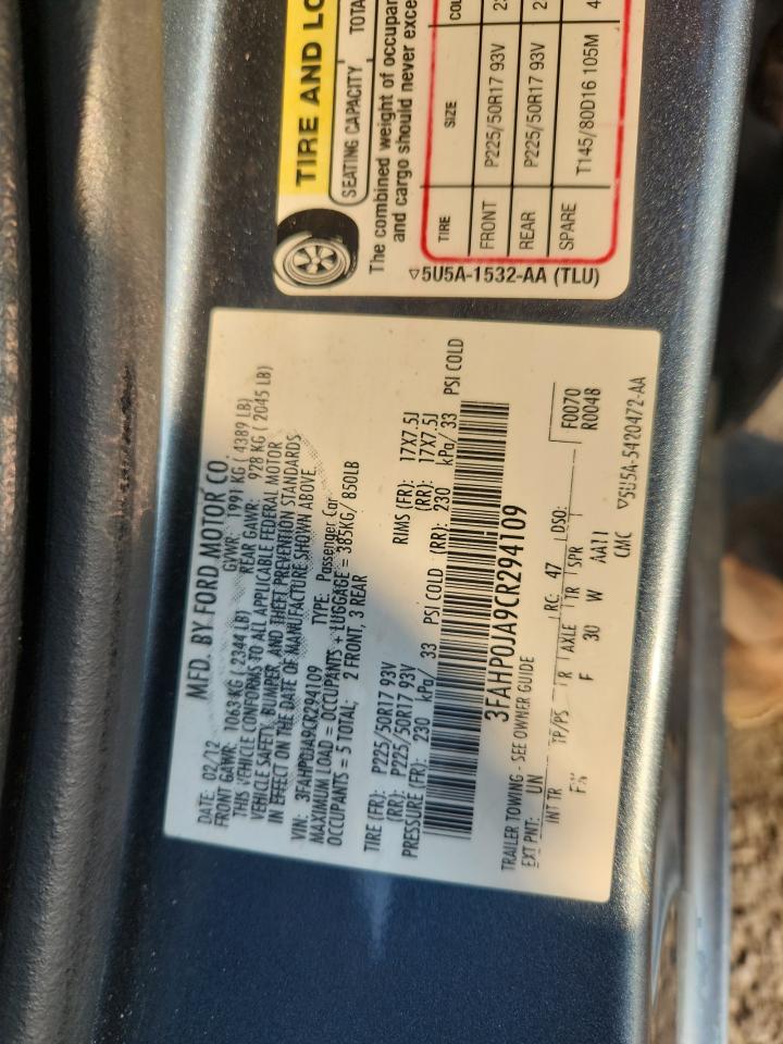 2012 Ford Fusion Sel VIN: 3FAHP0JA9CR294109 Lot: 62759085