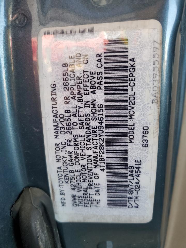2000 Toyota Camry Le VIN: 4T1BF28K2YU946156 Lot: 61776065
