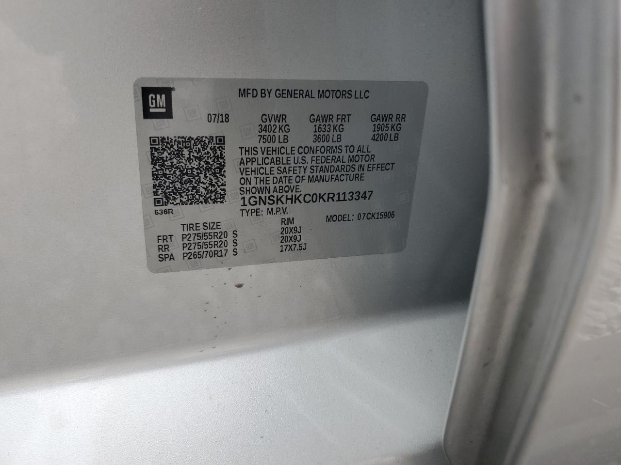 2019 Chevrolet Suburban K1500 Lt VIN: 1GNSKHKC0KR113347 Lot: 60154275