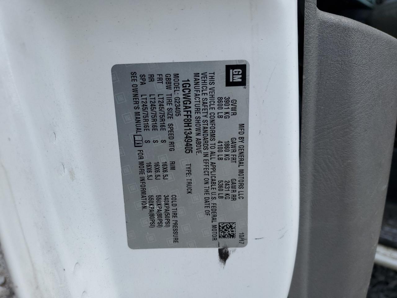 2017 Chevrolet Express G2500 VIN: 1GCWGAFF8H1349405 Lot: 60618225