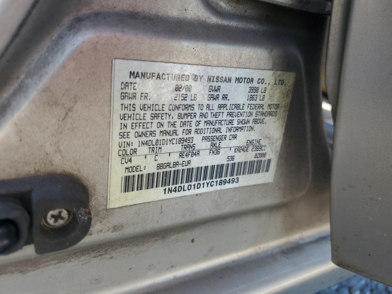 2000 Nissan Altima Xe VIN: 1N4DL01D1YC189493 Lot: 61993685
