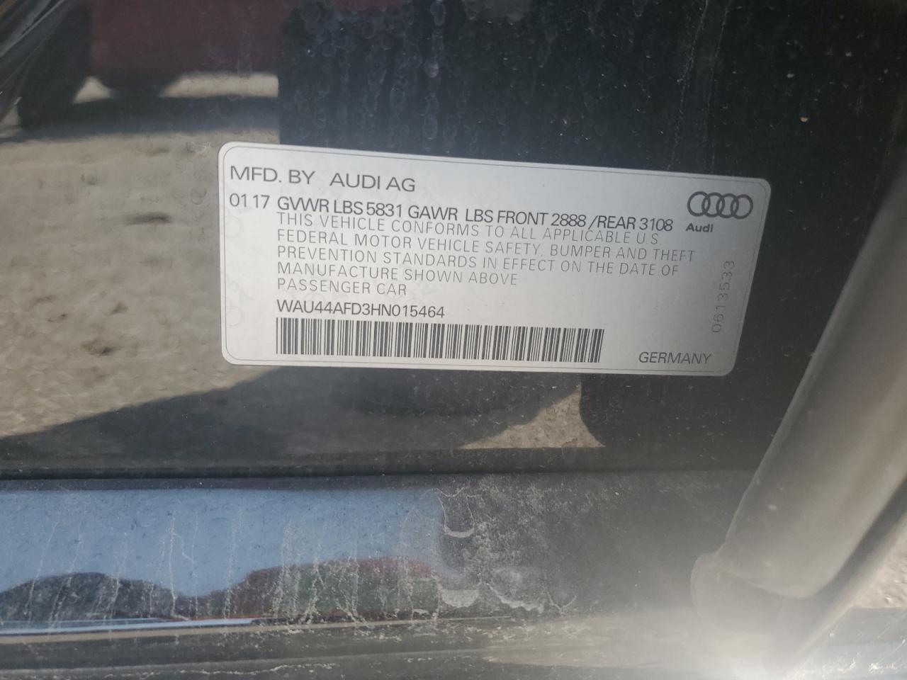 2017 Audi A8 L Quattro VIN: WAU44AFD3HN015464 Lot: 60557455