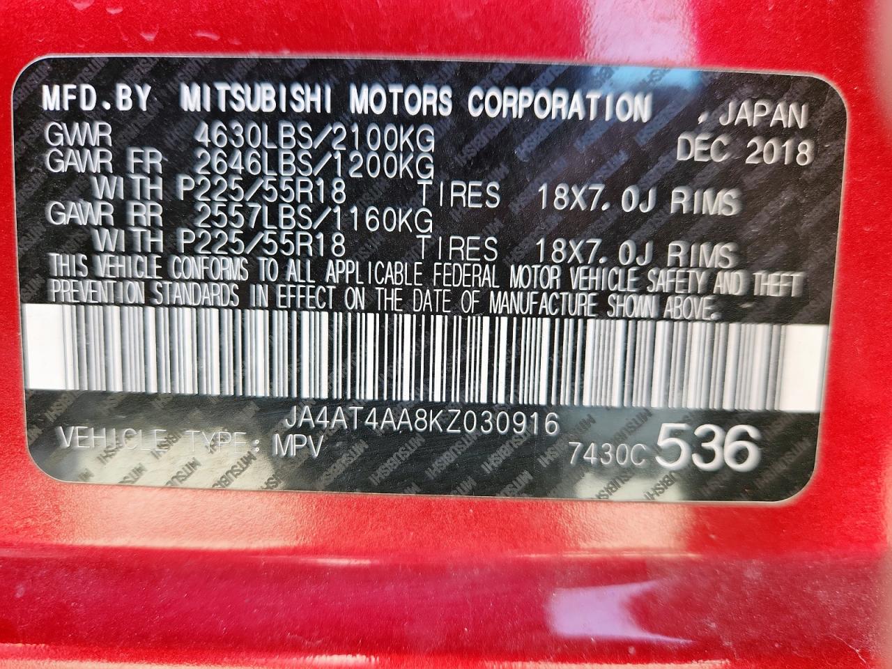 2019 Mitsubishi Eclipse Cross Le VIN: JA4AT4AA8KZ030916 Lot: 62850985