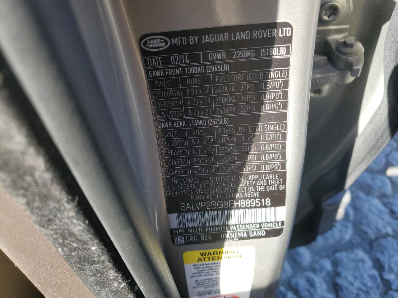 2014 Land Rover Range Rover Evoque Pure Plus VIN: SALVP2BG9EH889518 Lot: 61227015