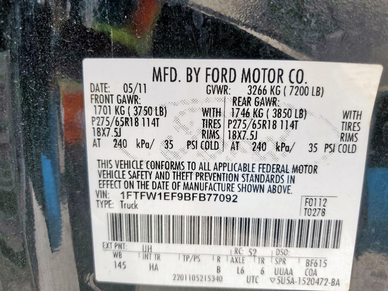 2011 Ford F150 Supercrew VIN: 1FTFW1EF9BFB77092 Lot: 62526925