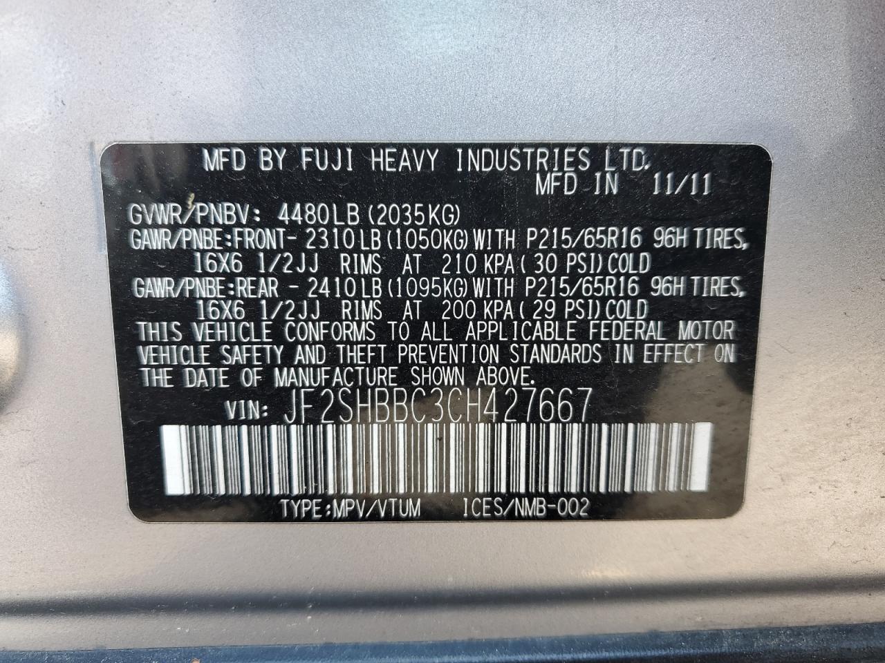 SUBARU FORESTER 2012 VIN JF2SHBBC3CH427667 фото 13