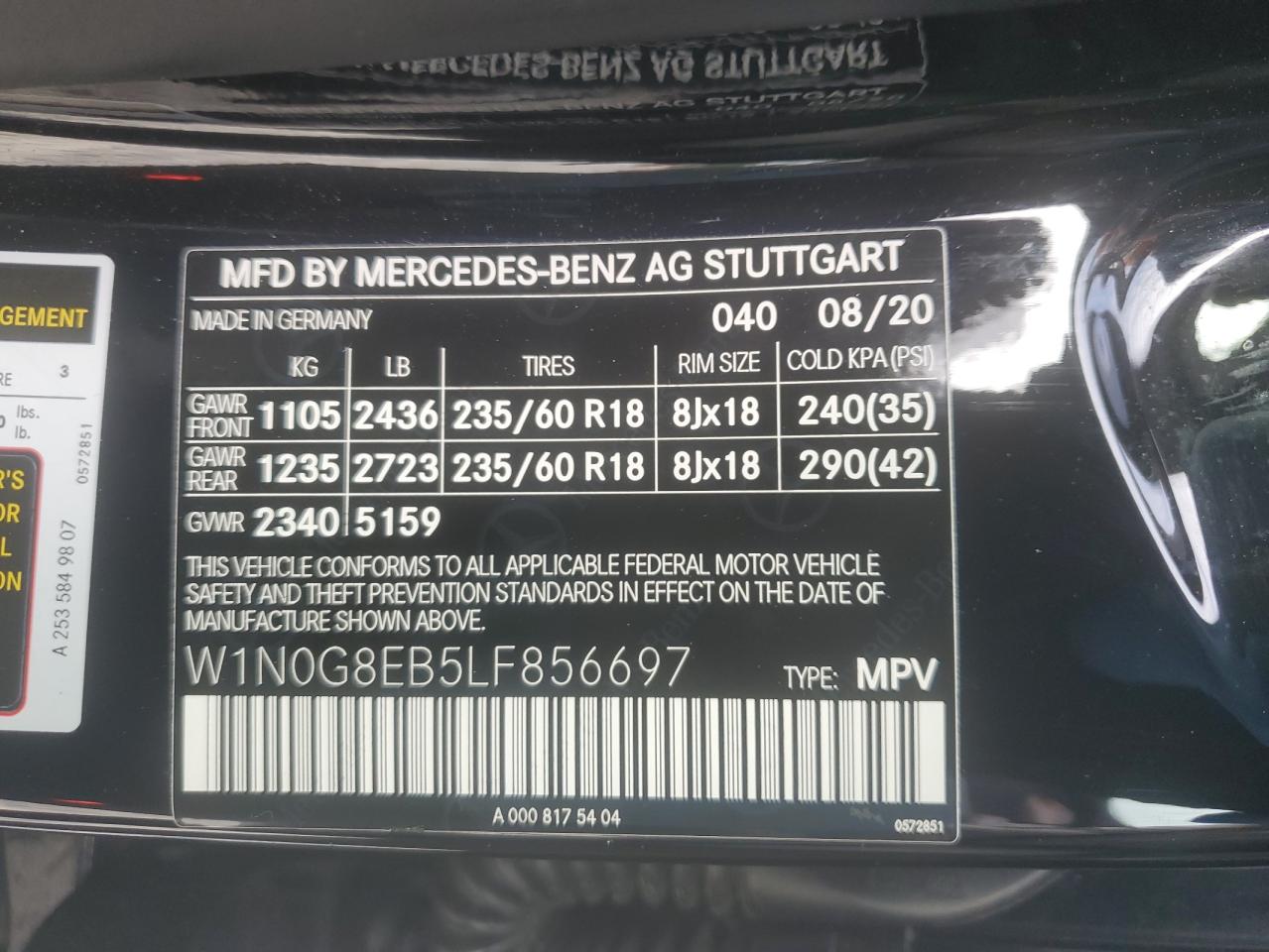 2020 Mercedes-Benz Glc 300 4Matic VIN: W1N0G8EB5LF856697 Lot: 62348425