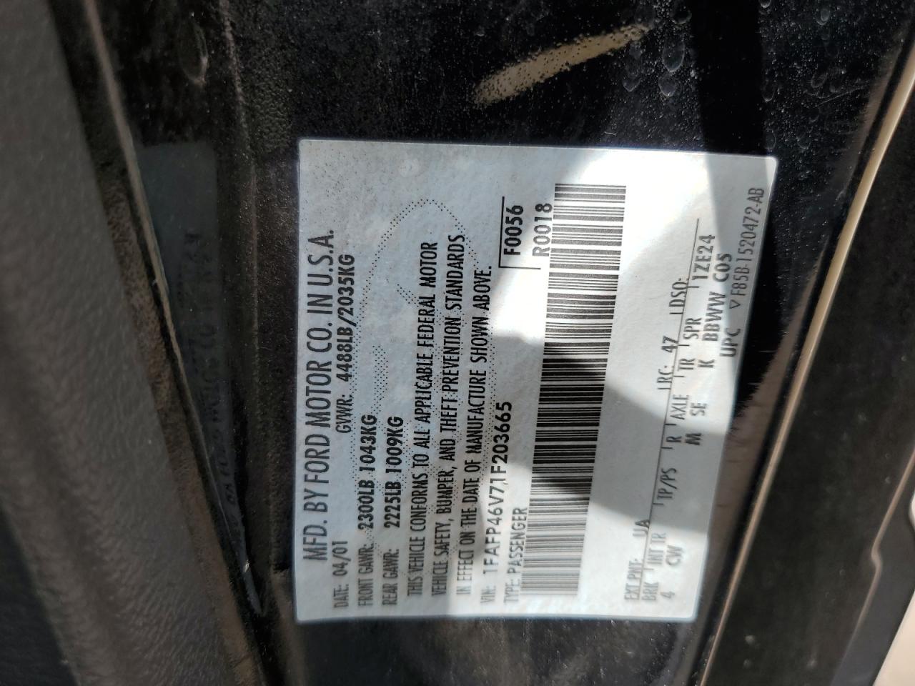 2001 Ford Mustang Cobra Svt VIN: 1FAFP46V71F203665 Lot: 61136075