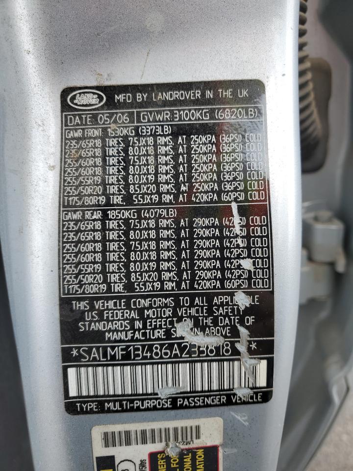 2006 Land Rover Range Rover Supercharged VIN: SALMF13486A233818 Lot: 62358005