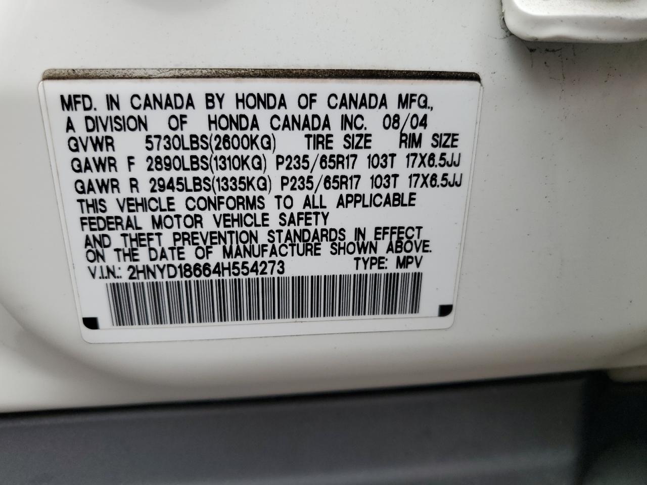 2004 Acura Mdx Touring VIN: 2HNYD18664H554273 Lot: 61247075