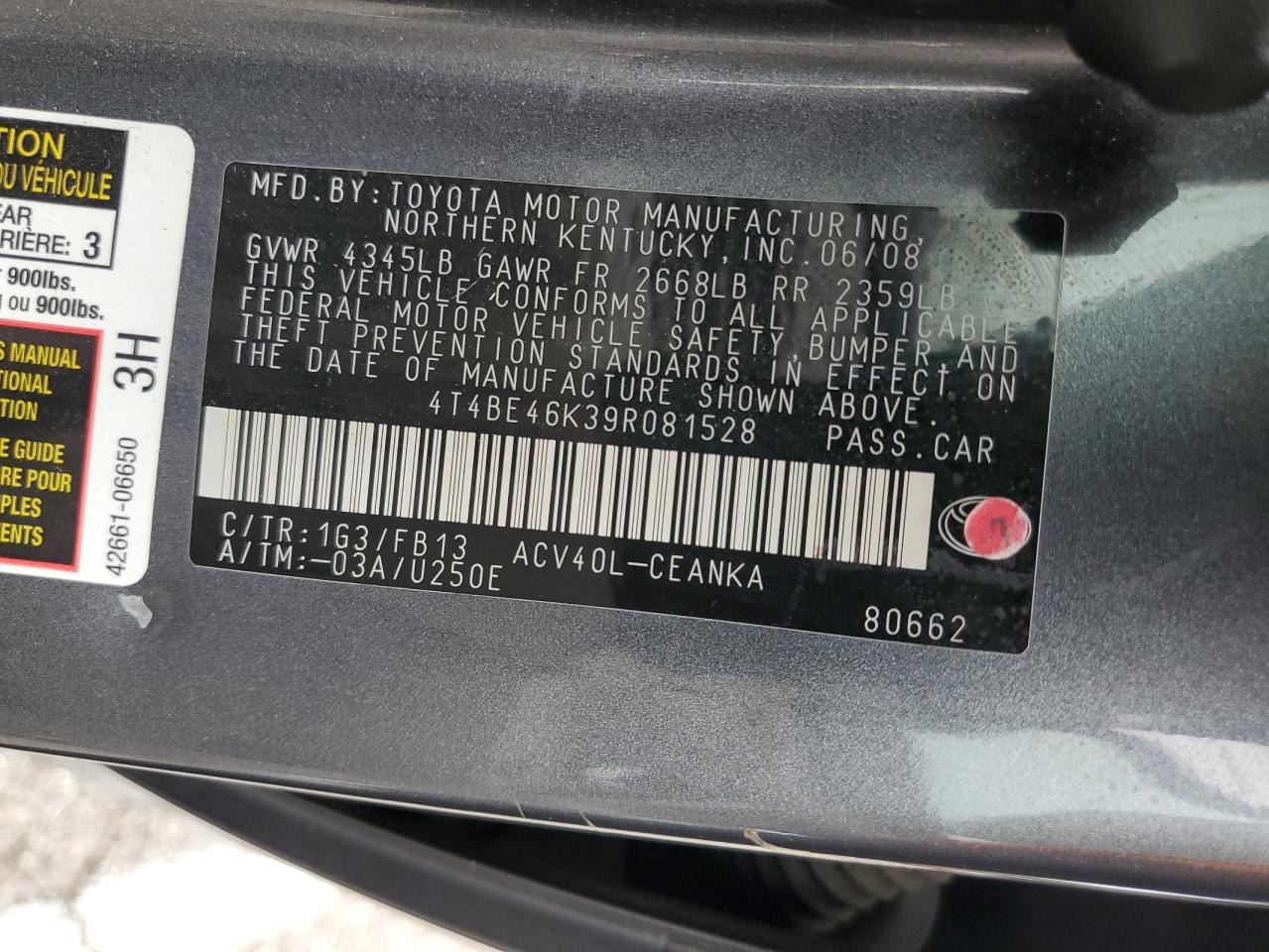 TOYOTA CAMRY 2009 VIN 4T4BE46K39R081528 фото 13