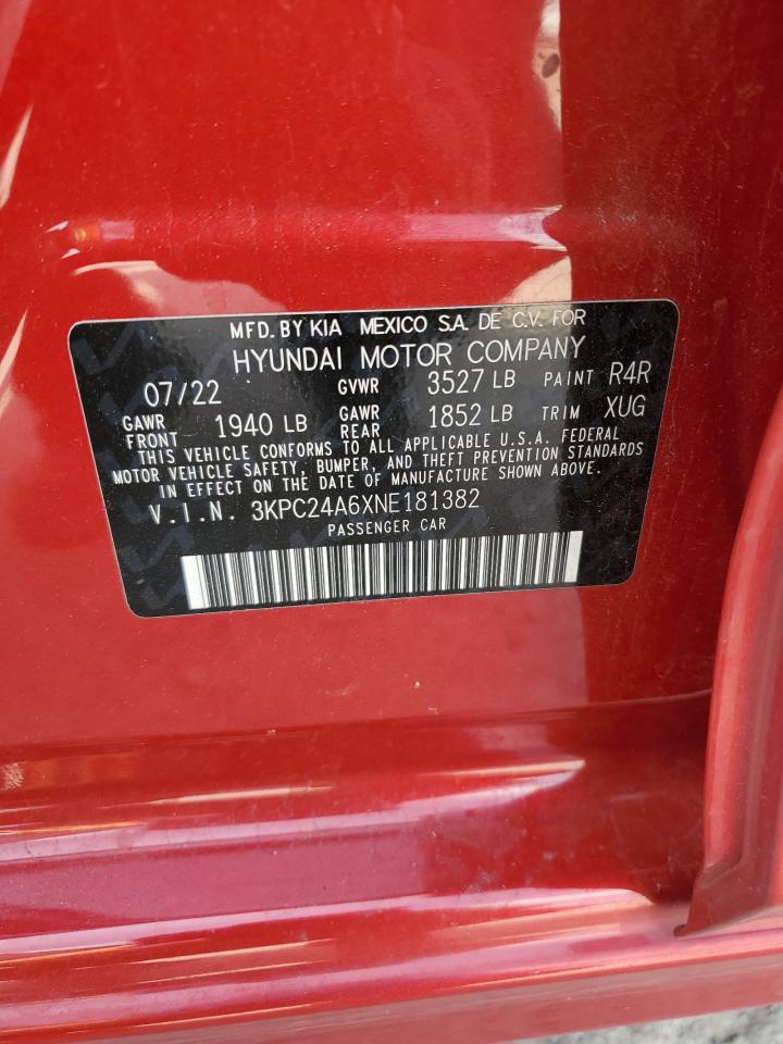 2022 Hyundai Accent Se VIN: 3KPC24A6XNE181382 Lot: 62543965