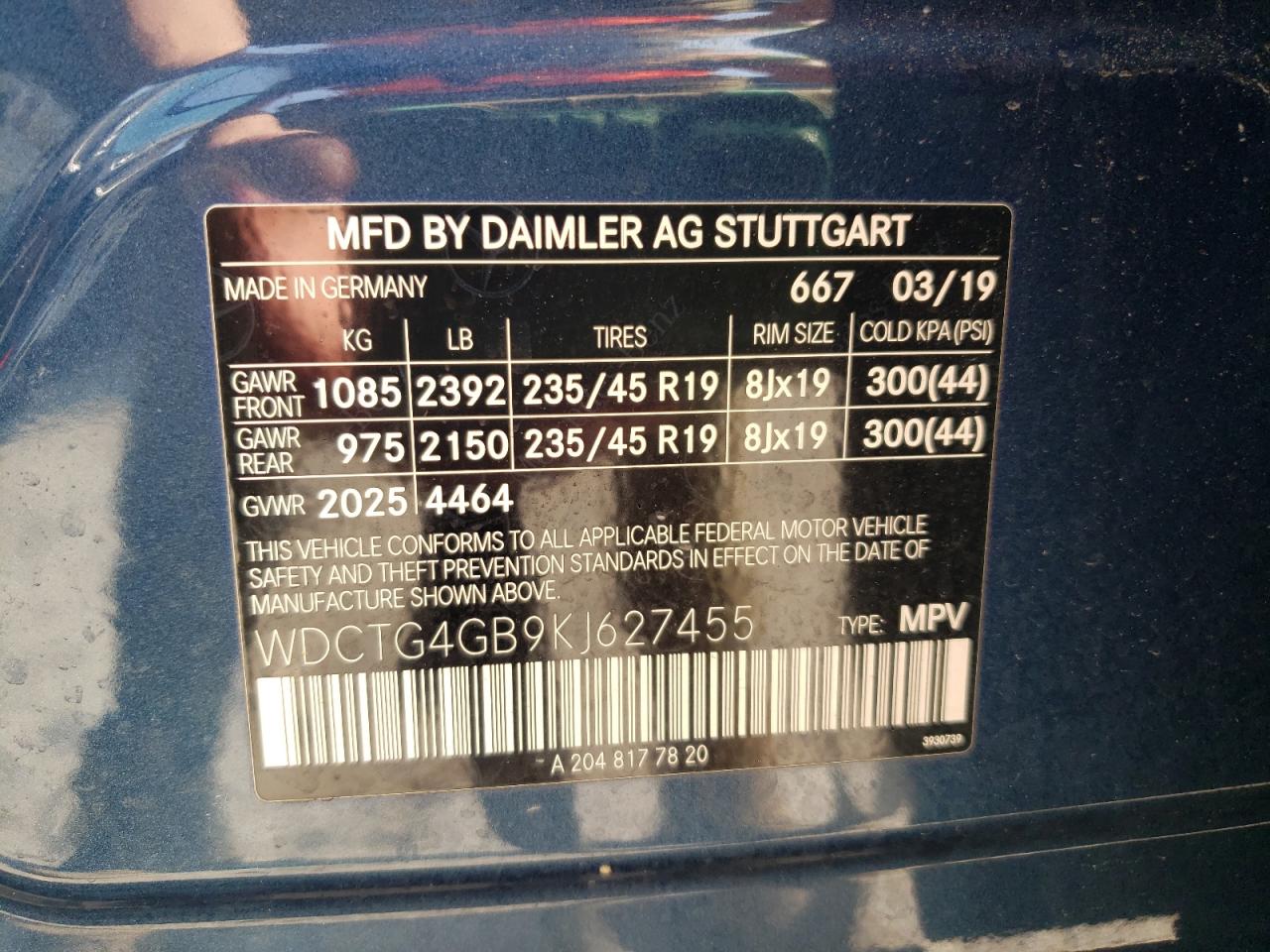 2019 Mercedes-Benz Gla 250 4Matic VIN: WDCTG4GB9KJ627455 Lot: 60463605