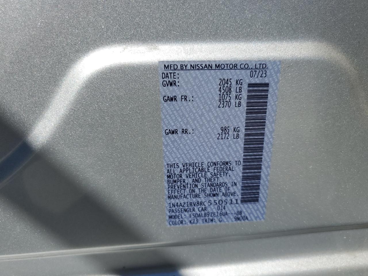 2024 Nissan Leaf S VIN: 1N4AZ1BV8RC550511 Lot: 63071925