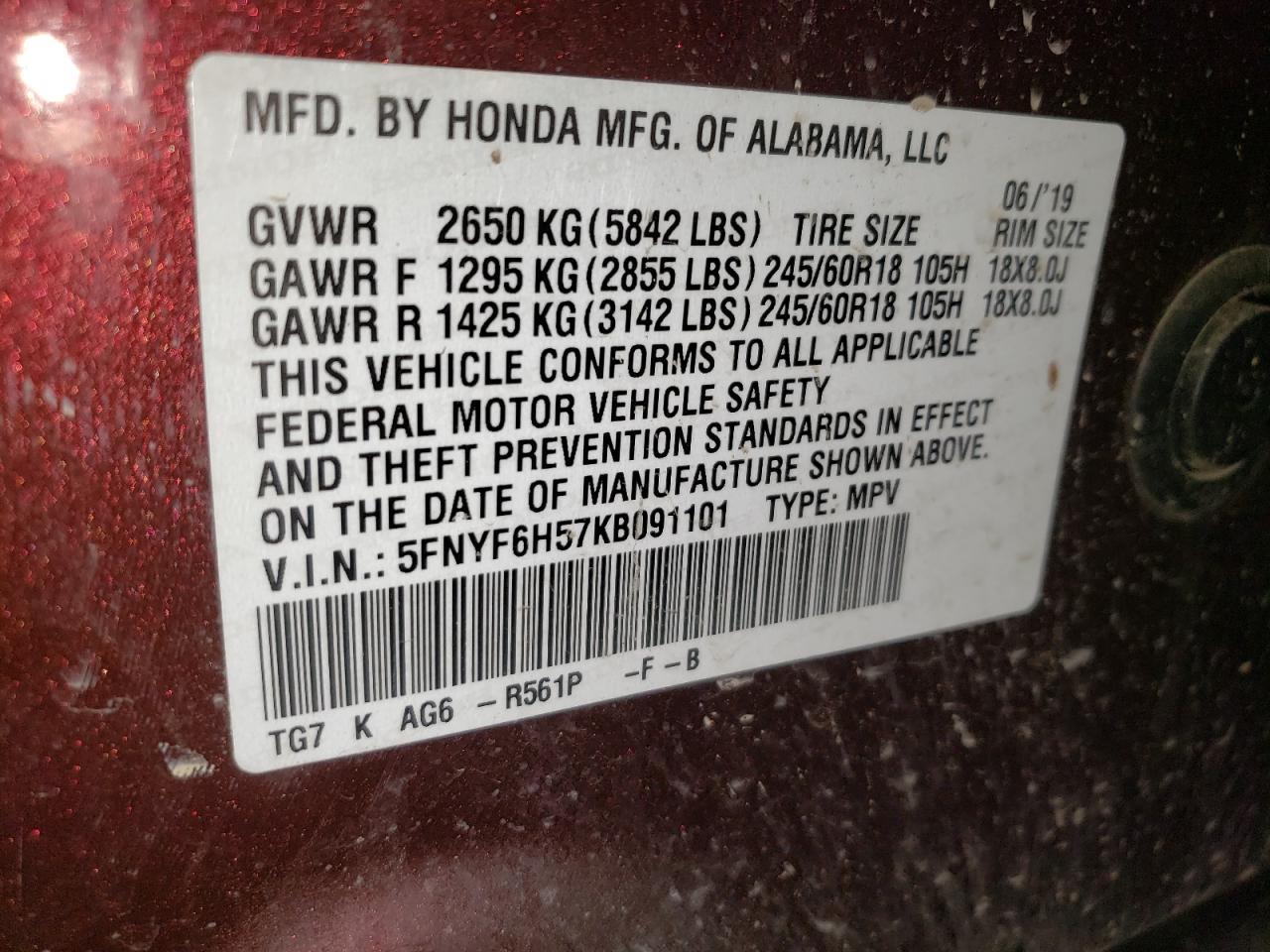 2019 Honda Pilot Exl VIN: 5FNYF6H57KB091101 Lot: 60571505