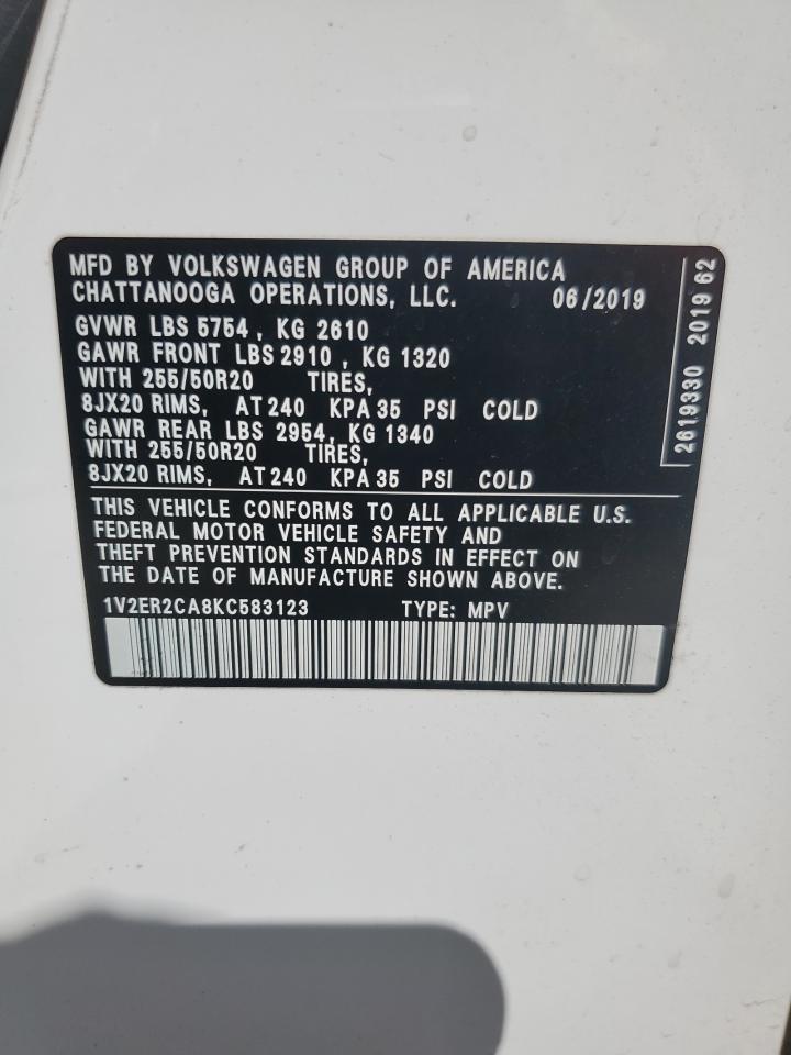 2019 Volkswagen Atlas Sel VIN: 1V2ER2CA8KC583123 Lot: 62140085
