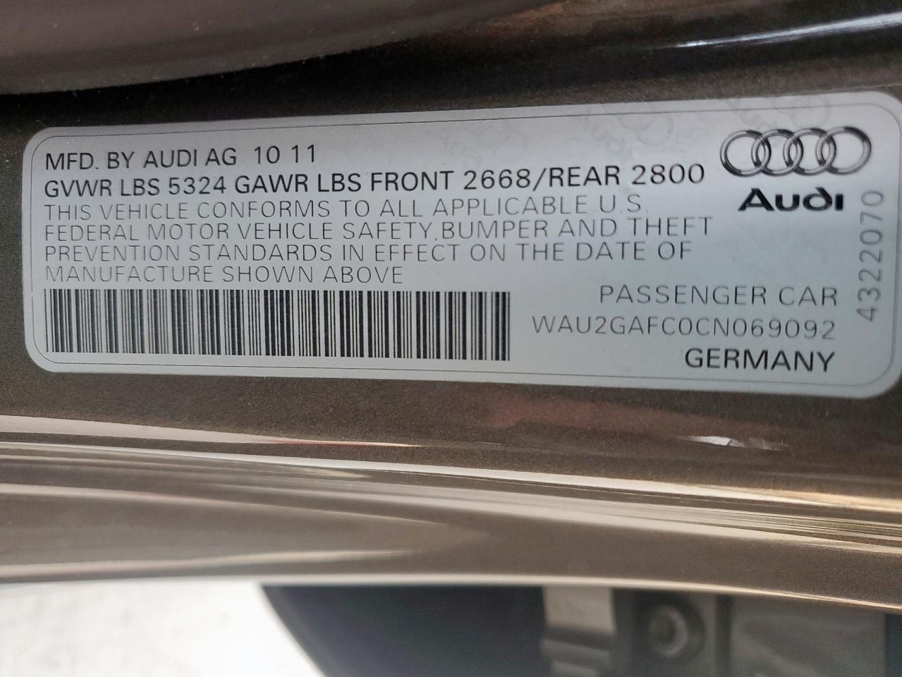 2012 Audi A7 Prestige VIN: WAU2GAFC0CN069092 Lot: 60729475