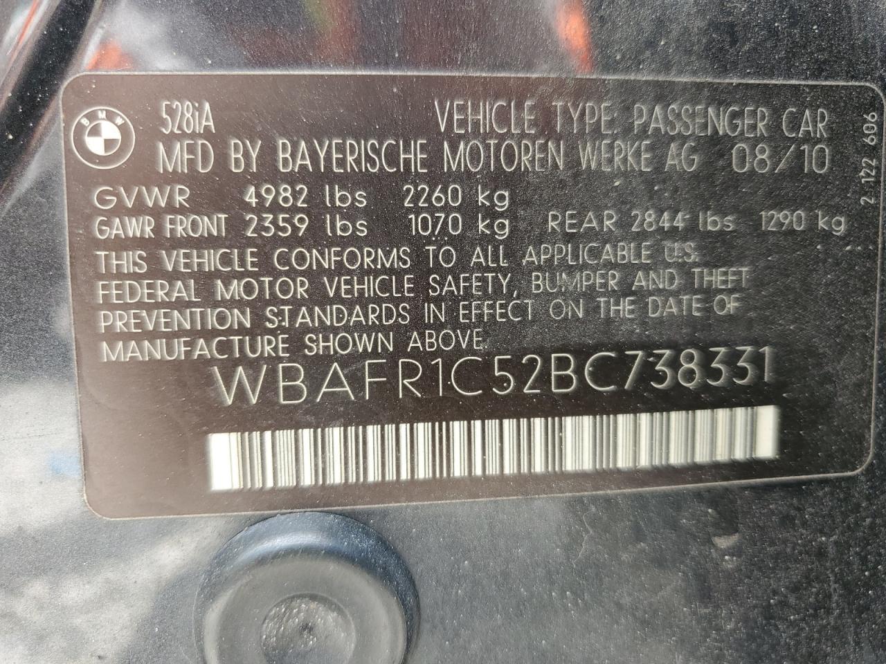2011 BMW 528 I VIN: WBAFR1C52BC738331 Lot: 63056085