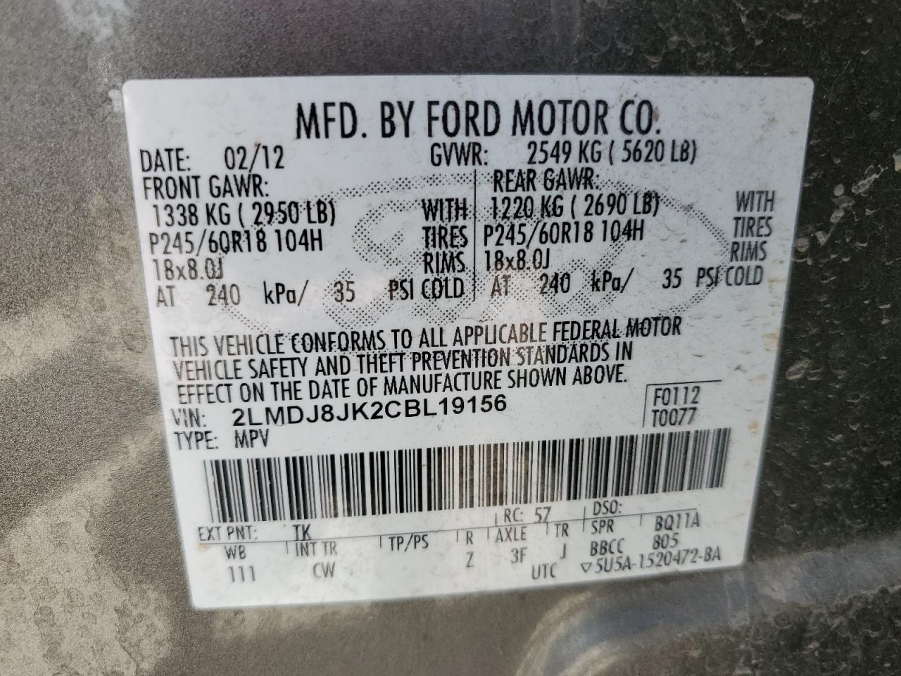 2012 Lincoln Mkx VIN: 2LMDJ8JK2CBL19156 Lot: 67312315