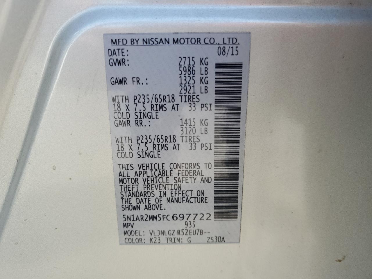 2015 Nissan Pathfinder S VIN: 5N1AR2MM5FC697722 Lot: 61791745