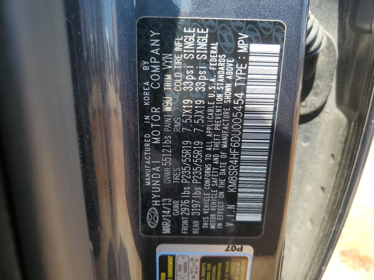 2013 Hyundai Santa Fe Limited VIN: KM8SR4HF6DU005454 Lot: 59998175