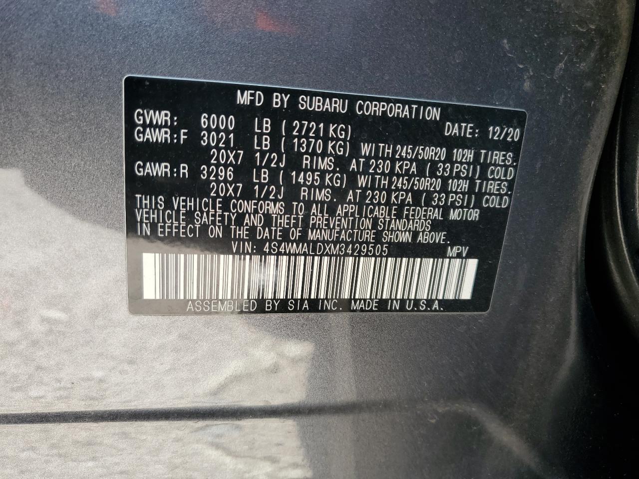2021 Subaru Ascent Limited VIN: 4S4WMALDXM3429505 Lot: 59593215