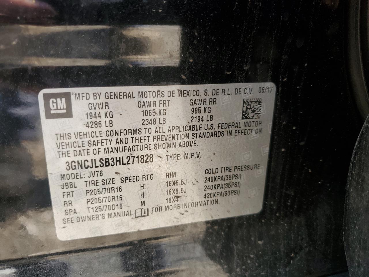 2017 Chevrolet Trax 1Lt VIN: 3GNCJLSB3HL271828 Lot: 61919775