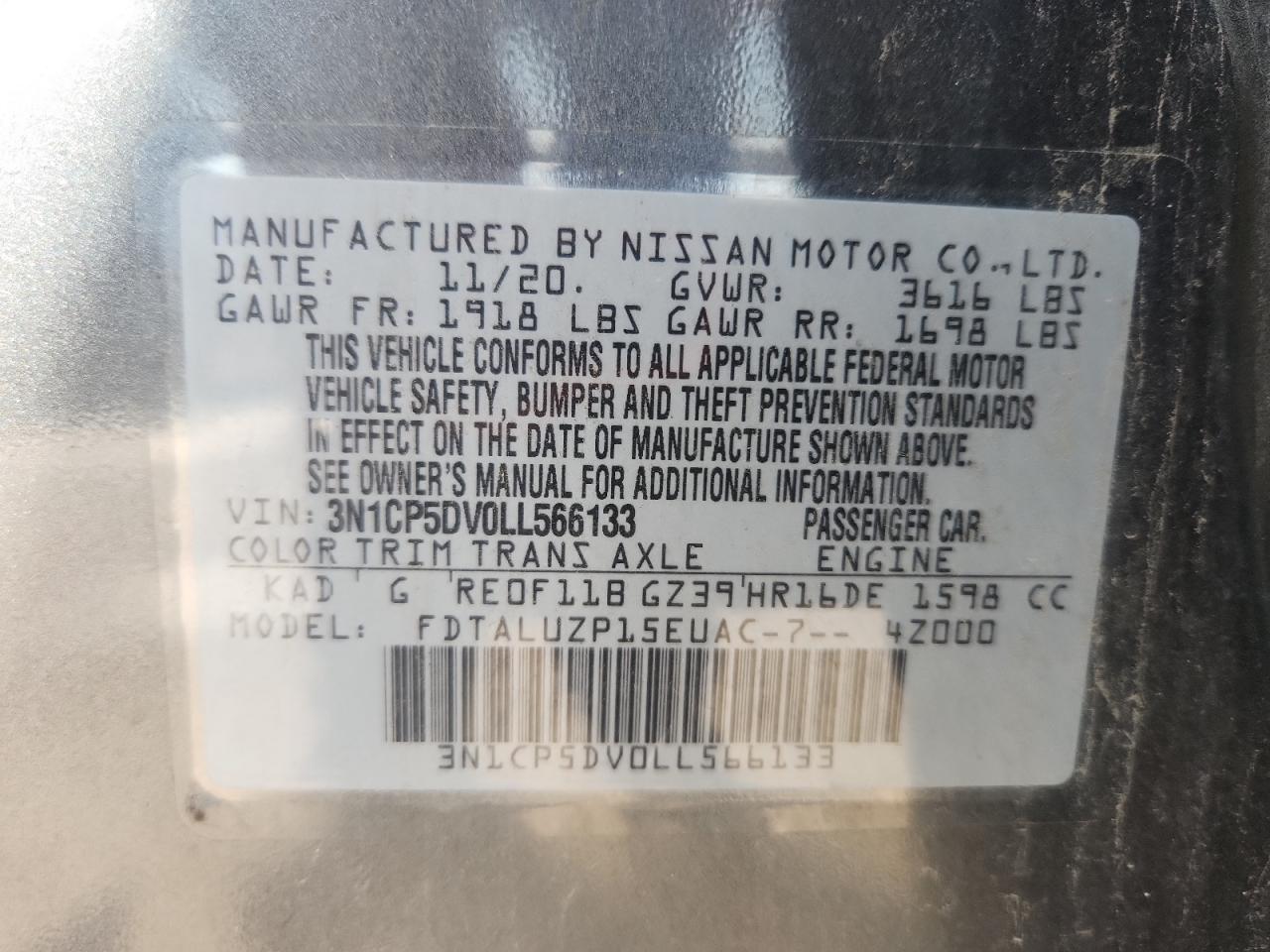 2020 Nissan Kicks Sr VIN: 3N1CP5DV0LL566133 Lot: 62101395