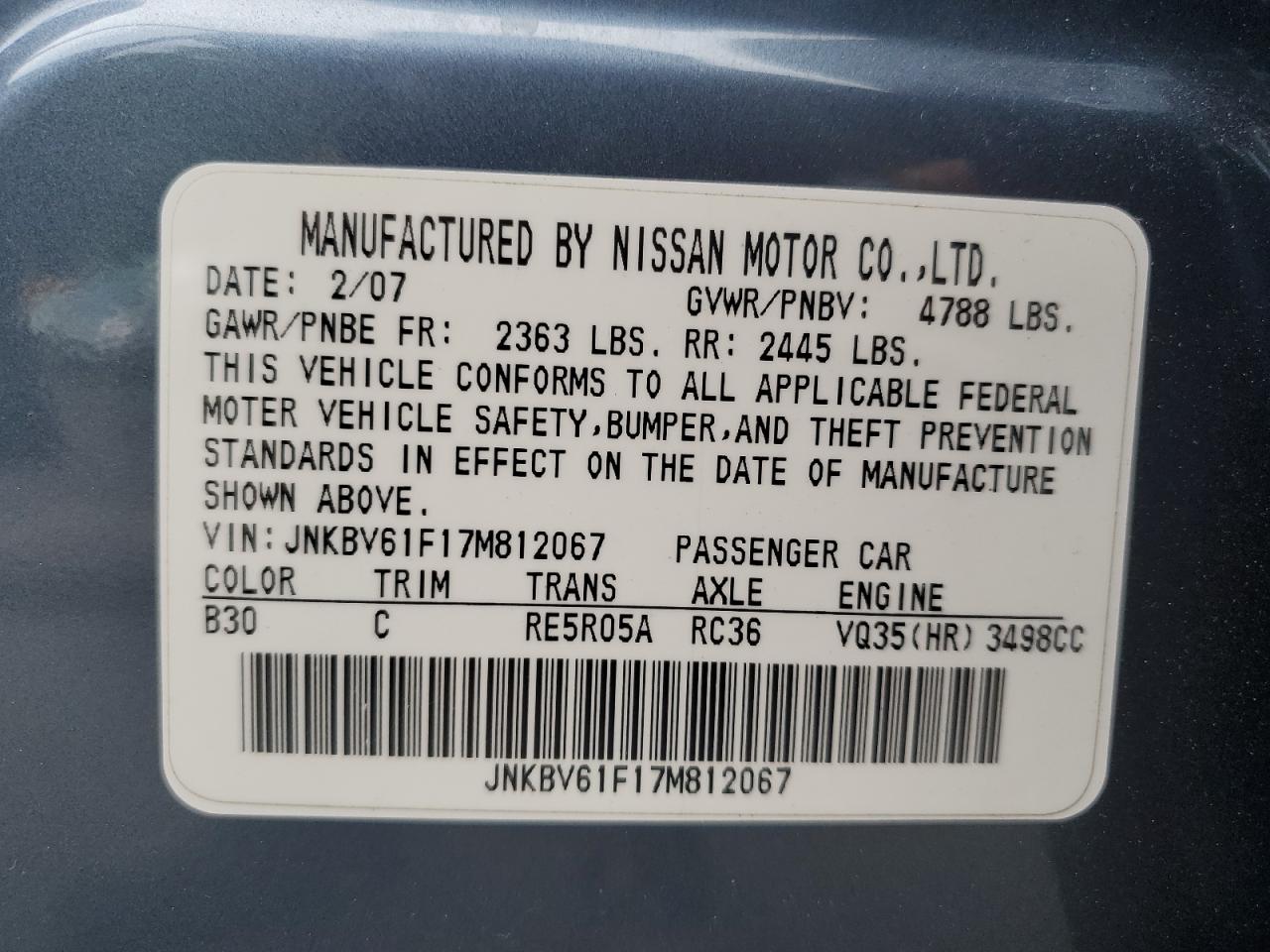 INFINITI G35 2007 VIN JNKBV61F17M812067 zdjęcie 13