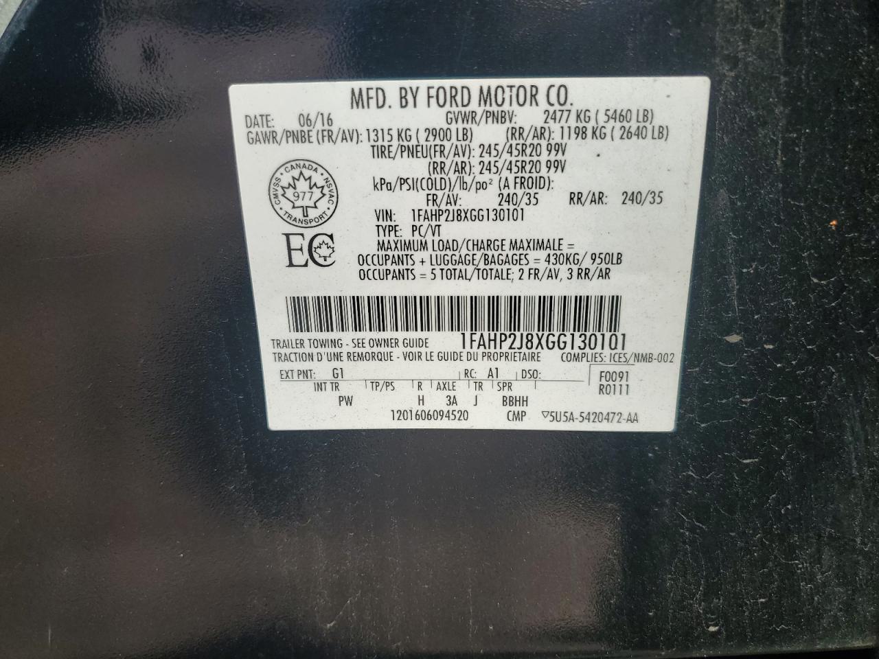 2016 Ford Taurus Limited VIN: 1FAHP2J8XGG130101 Lot: 60865005