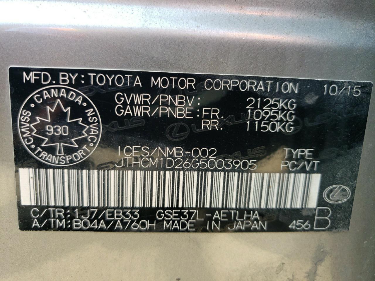 2016 Lexus Is 300 VIN: JTHCM1D26G5003905 Lot: 62312475