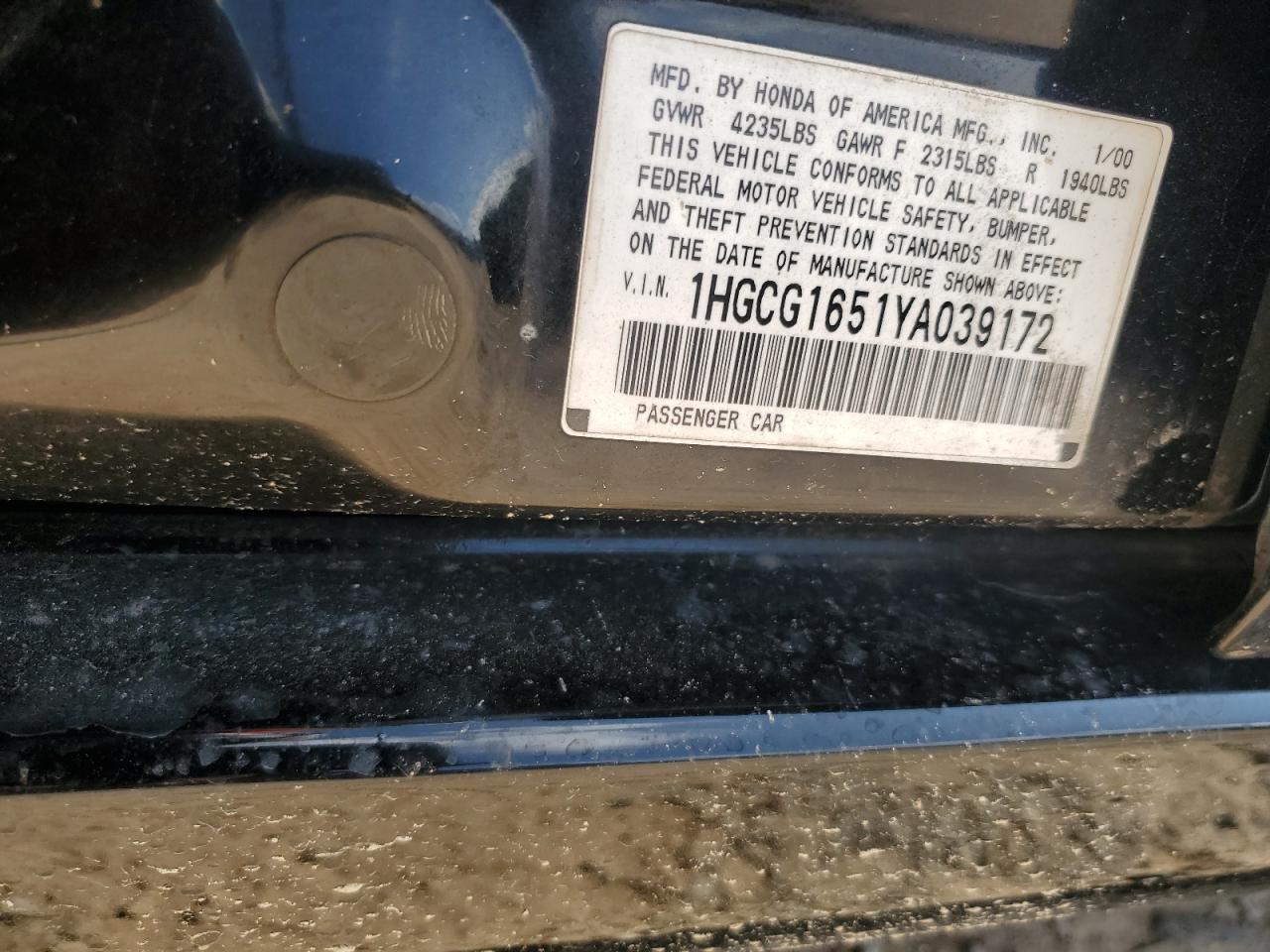 2000 Honda Accord Ex VIN: 1HGCG1651YA039172 Lot: 59302795