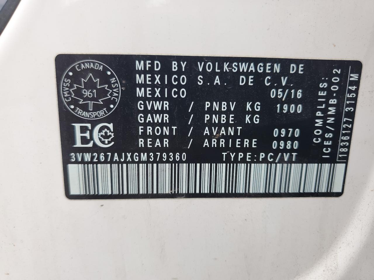 2016 Volkswagen Jetta S VIN: 3VW267AJXGM379360 Lot: 60280035
