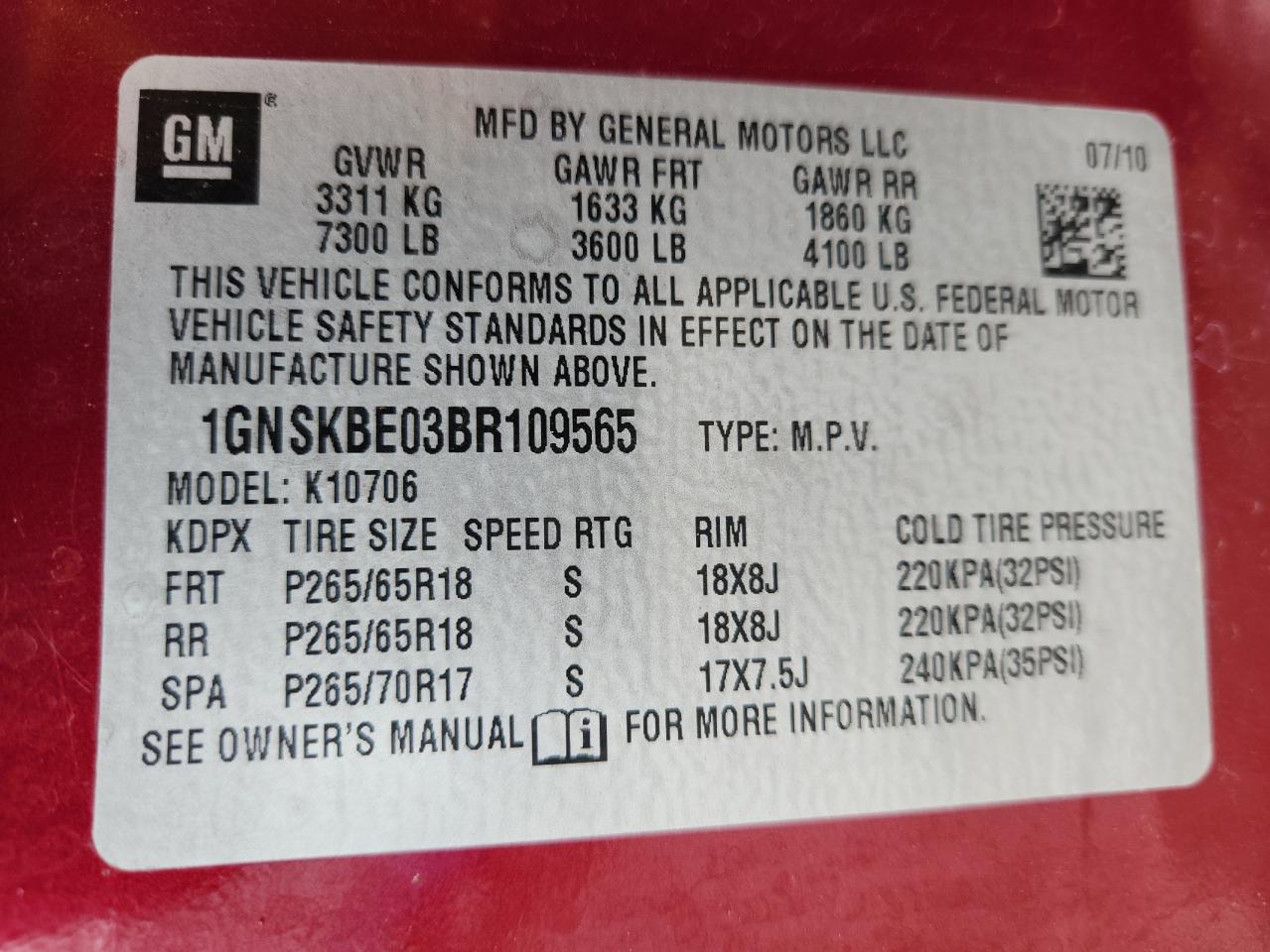 2011 Chevrolet Tahoe K1500 Lt VIN: 1GNSKBE03BR109565 Lot: 60418815