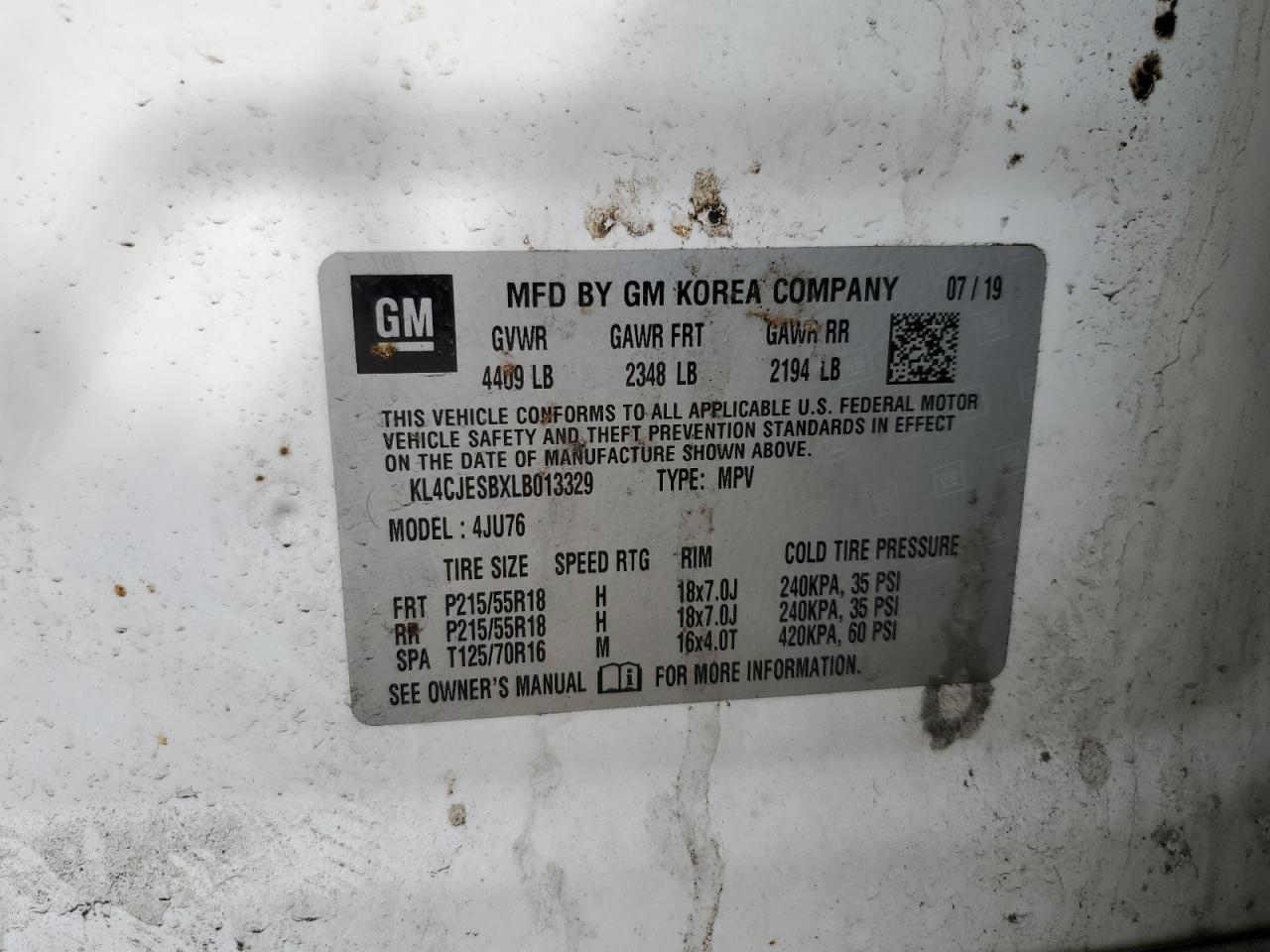 2020 Buick Encore Preferred VIN: KL4CJESBXLB013329 Lot: 60323315