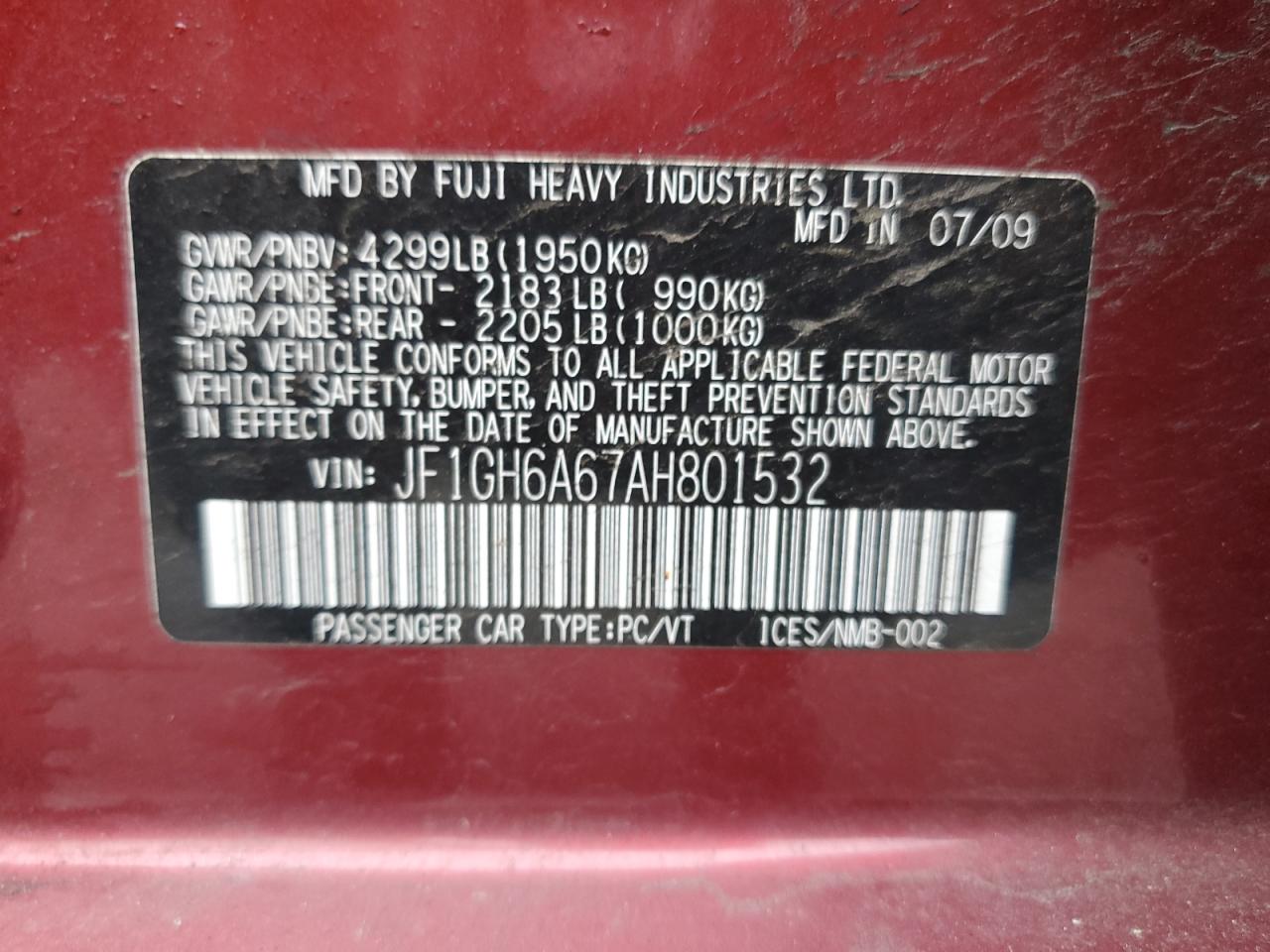 2010 Subaru Impreza 2.5I VIN: JF1GH6A67AH801532 Lot: 62269575
