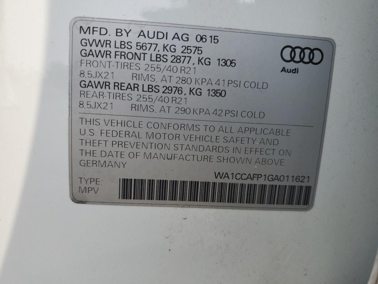 2016 Audi Sq5 Premium Plus VIN: WA1CCAFP1GA011621 Lot: 60079875