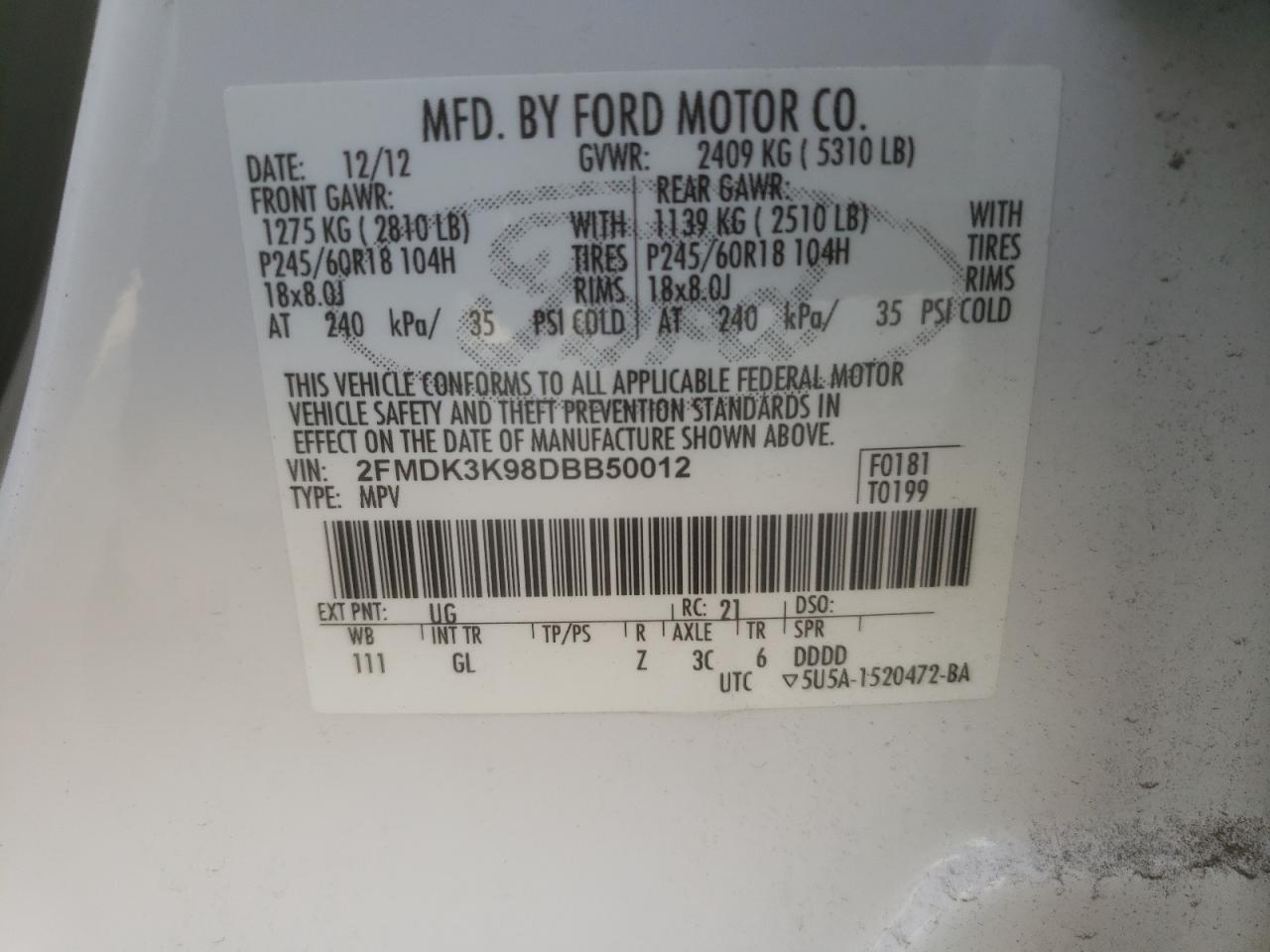 2013 Ford Edge Limited VIN: 2FMDK3K98DBB50012 Lot: 60521685